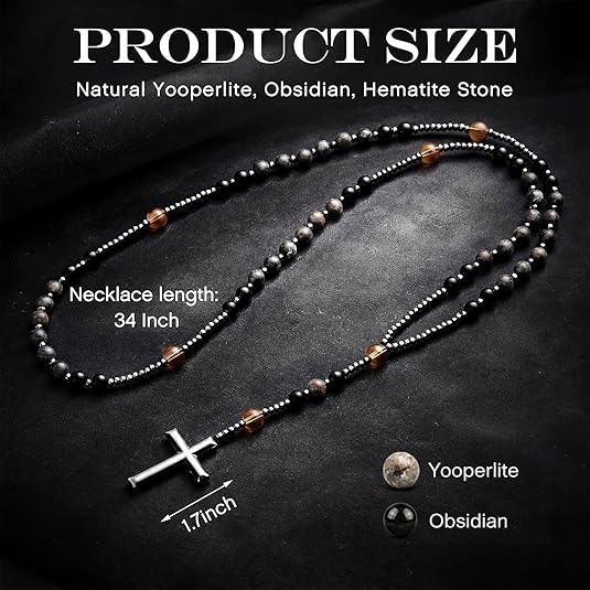 Natural Obsidian Yooperlite Rosary Necklace, UV Reactive Energy Protection Healing Crystal