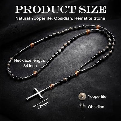 Natural Obsidian Yooperlite Rosary Necklace, UV Reactive Energy Protection Healing Crystal