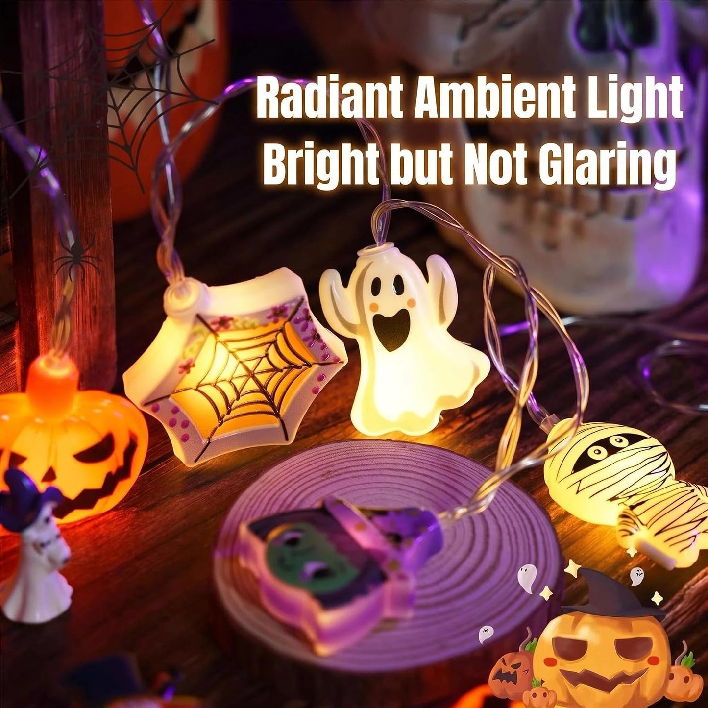 3M 20 LED Halloween String Lights with Remote, USB Powered Cute Pumpkin Ghost Mummy Black Cat Decorative Lights