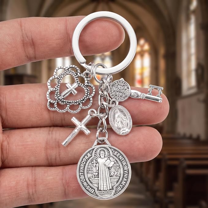 2Pcs St. Benedictine Virgin Mary Cross Keychain with Circle Pendant - Perfect Small Gift