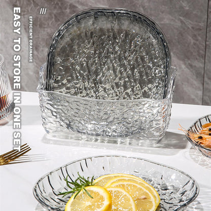 8Pcs Dinner Plates Set with Draining Rack Transparent Dinner Dishes Water Ripple Salad Plate Reusable