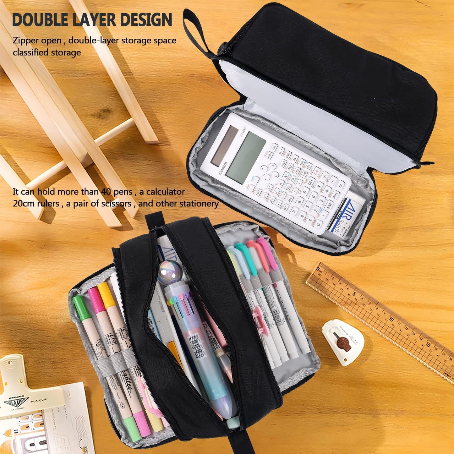 Large Capacity Pencil Case 4 Compartments, Pencil Pouch Bag with Zipper Portable Handle