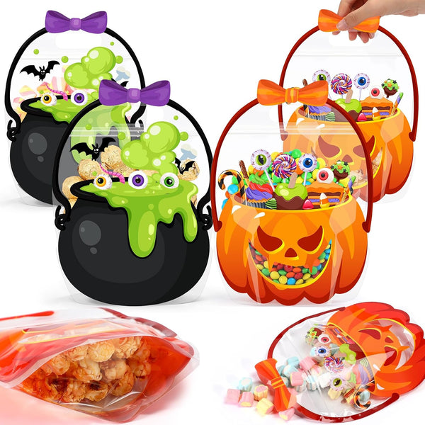 20Pcs Halloween Bags Plastic Pumpkin Clear Sealed Pouches with Handles Resealable Scary
