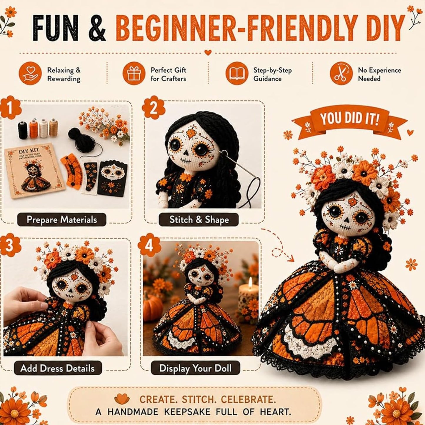Day of the Dead Patchwork Doll DIY Sewing Kit – Handmade Fabric Doll Craft Kit with Floral Details