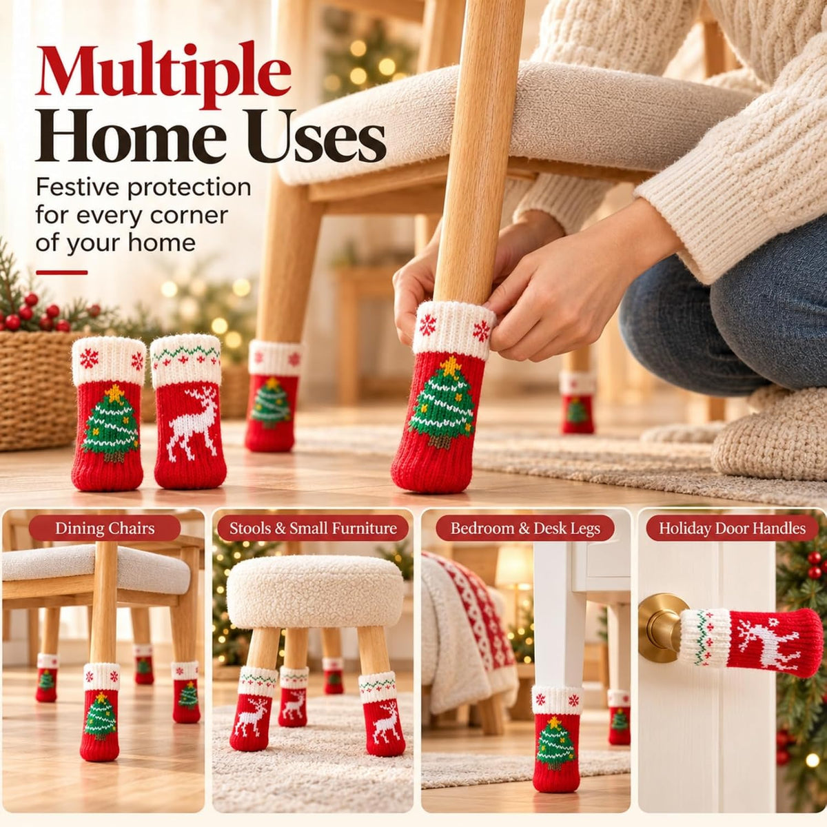 8Pcs Christmas Chair Leg Socks with Felt Pads, Floor Protectors