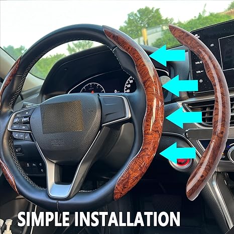 3pcs Universal Car Wood Grain Steering Wheel Cover for D-Shaped and Round Steering Wheel of 37-38cm (14.5-15 inches)