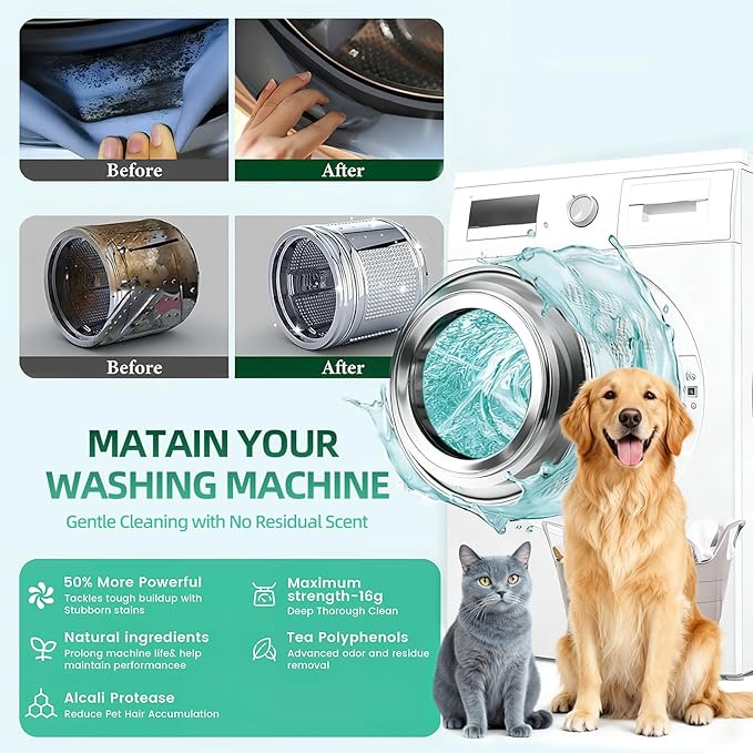 12Pcs Washing Machine Cleaner Tablets – Removes Stubborn Pet Hair, Odors & Mold, Septic Safe
