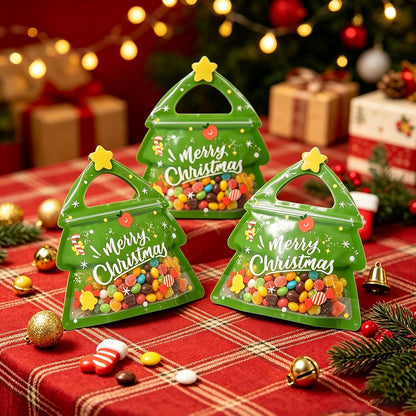 30 Pcs Christmas Party Candy Resealable Bags, Christmas Tree Shaped Plastic Zipper Snack Bags with Handles