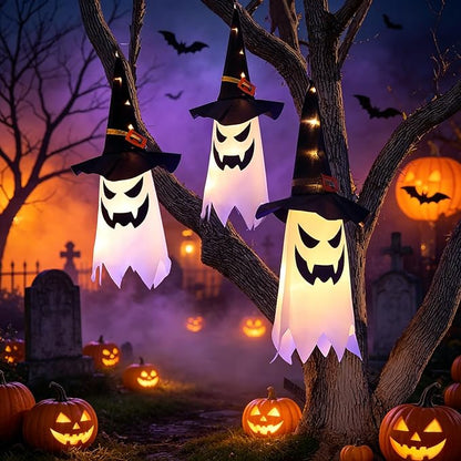 3Pcs Halloween Hanging Lighted Glowing Ghost Witch Hat Indoor Outside Ornaments