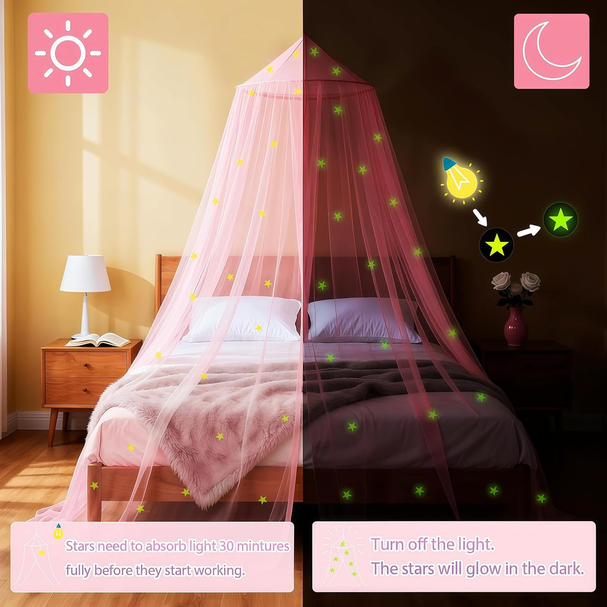 Pink Princess Bed Canopy for Girls with Glowing Stars
