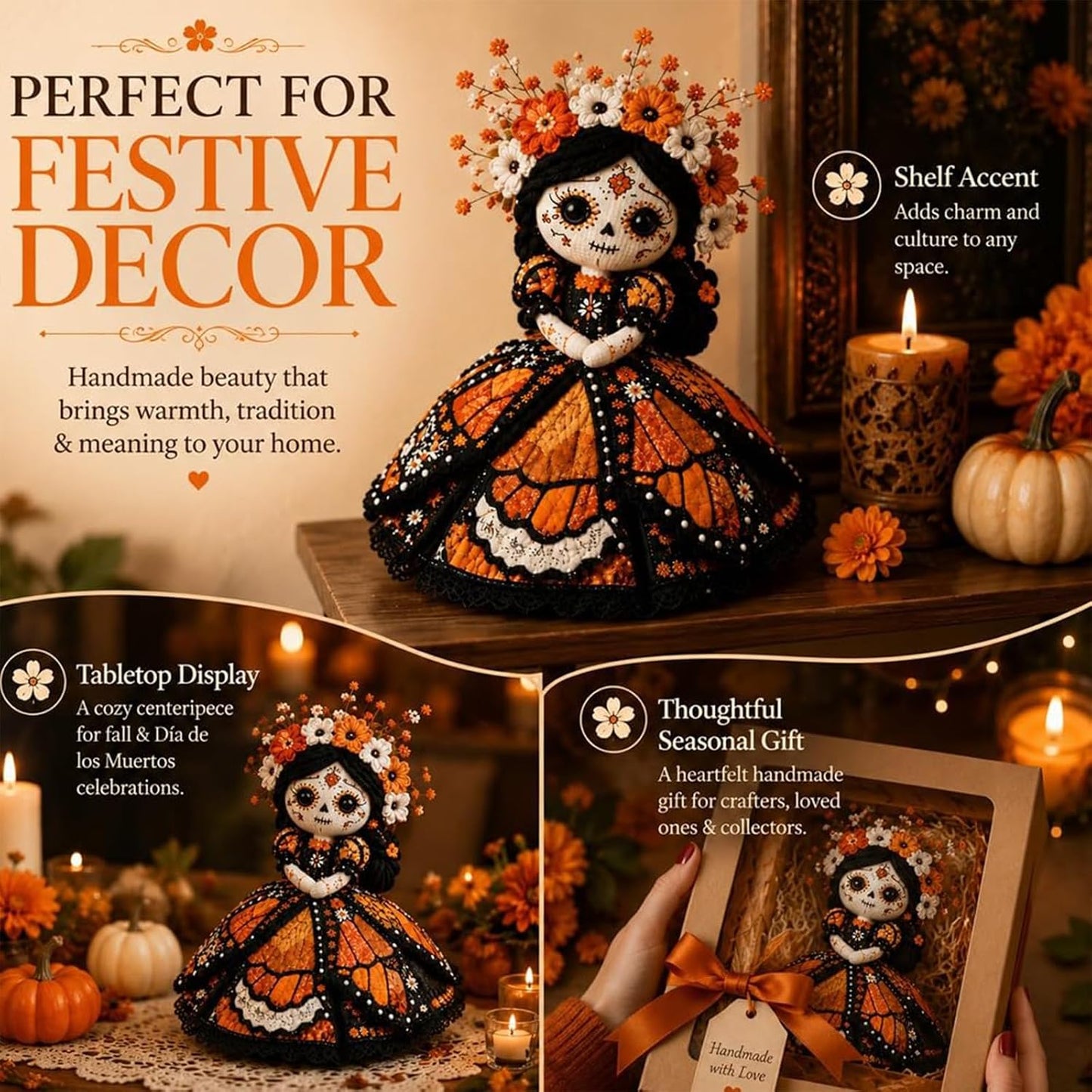 Day of the Dead Patchwork Doll DIY Sewing Kit – Handmade Fabric Doll Craft Kit with Floral Details