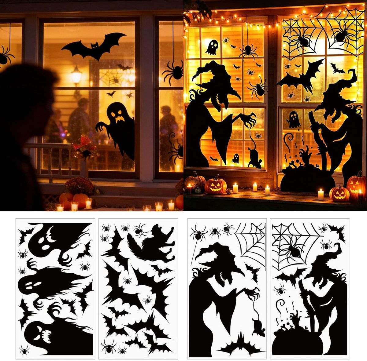 4Pcs Halloween Window Clings Silhouette Stickers Witch Bats Ghosts