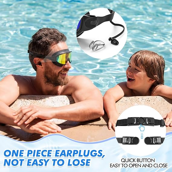 Large Swim Goggles,Wide View,Anti Fog,Swimming with Earplug Nose Clip | UV Protection & No Leak