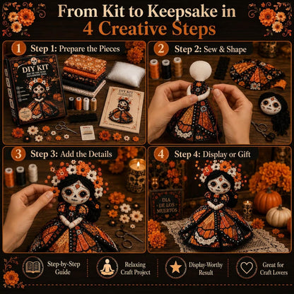 Day of the Dead Patchwork Doll DIY Sewing Kit – Handmade Fabric Doll Craft Kit with Floral Details