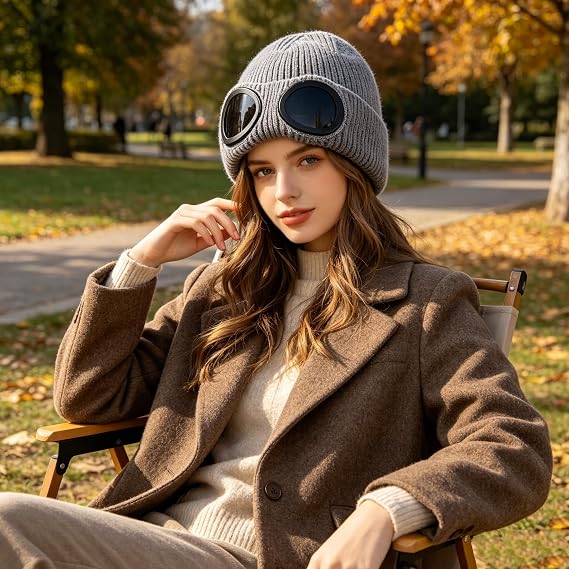 Unisex Goggle Neutral Fit Cozy Beanie Hat - Warm High-Quality Knit Fabric