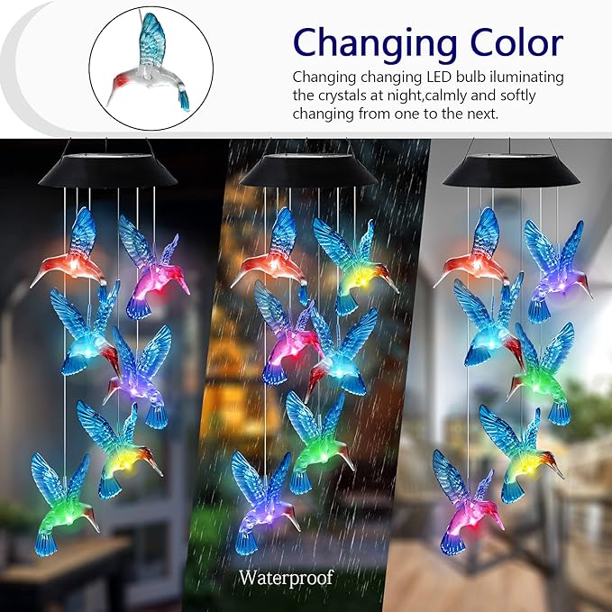 Hummingbird Solar Wind Chimes Color Changing Solared Lights Outdoor Waterproof LED Wind Chimes