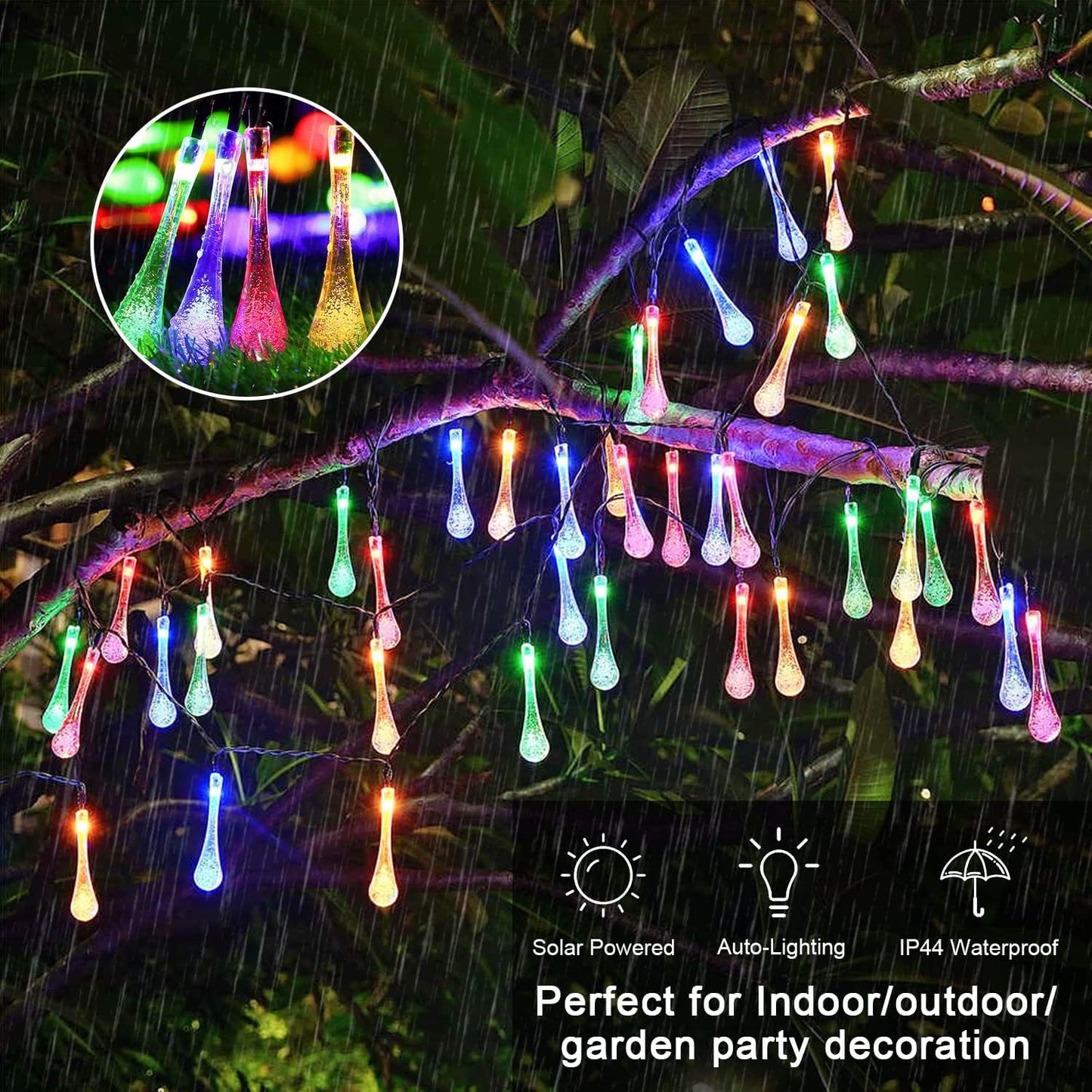Solar String Lights Outdoor, Total 20LED 16.4FT, Water Drop