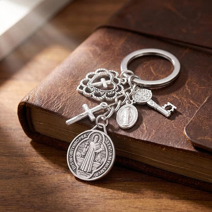 2Pcs St. Benedictine Virgin Mary Cross Keychain with Circle Pendant - Perfect Small Gift