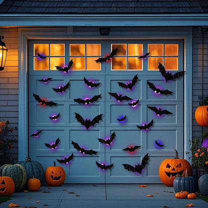 12Pcs Halloween Bats Wall Decor, Removable Lighted 3D Bats Wall Stickers Assorted Size