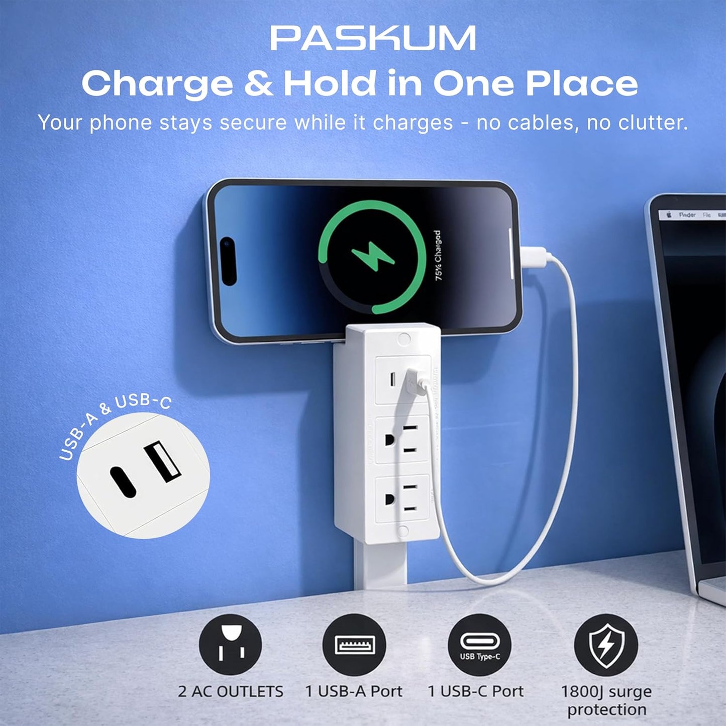 Outlet Extender Stick, Power Strip with 6 Outlets & 2 USB Ports