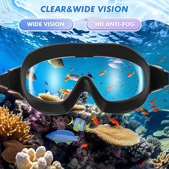 Large Swim Goggles,Wide View,Anti Fog,Swimming with Earplug Nose Clip | UV Protection & No Leak