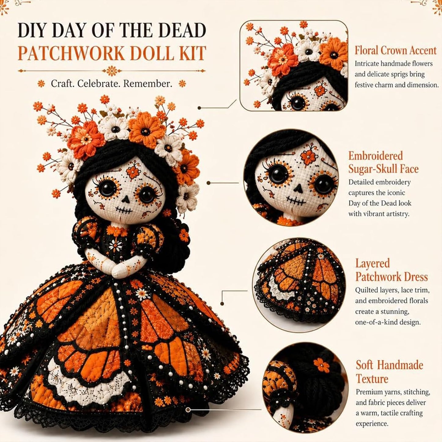 Day of the Dead Patchwork Doll DIY Sewing Kit – Handmade Fabric Doll Craft Kit with Floral Details