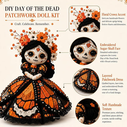 Day of the Dead Patchwork Doll DIY Sewing Kit – Handmade Fabric Doll Craft Kit with Floral Details