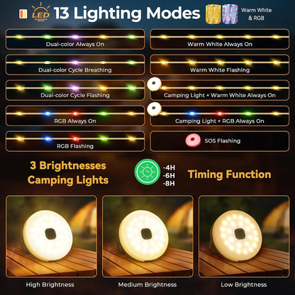Solar & USB Rechargeable Camping Lights String, 33FT Retractable 3 in 1 Camping Lights 13 Modes
