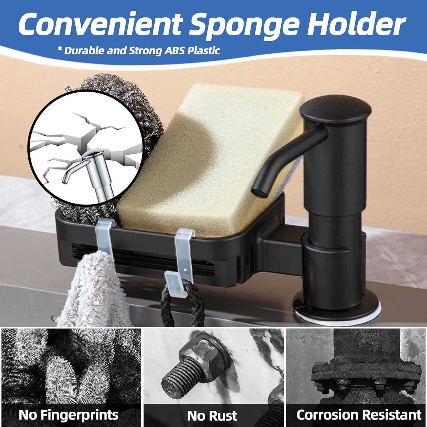 Soap Dispenser for Kitchen Sink, Built in Soap Dispenser Pump with Sponge Holder