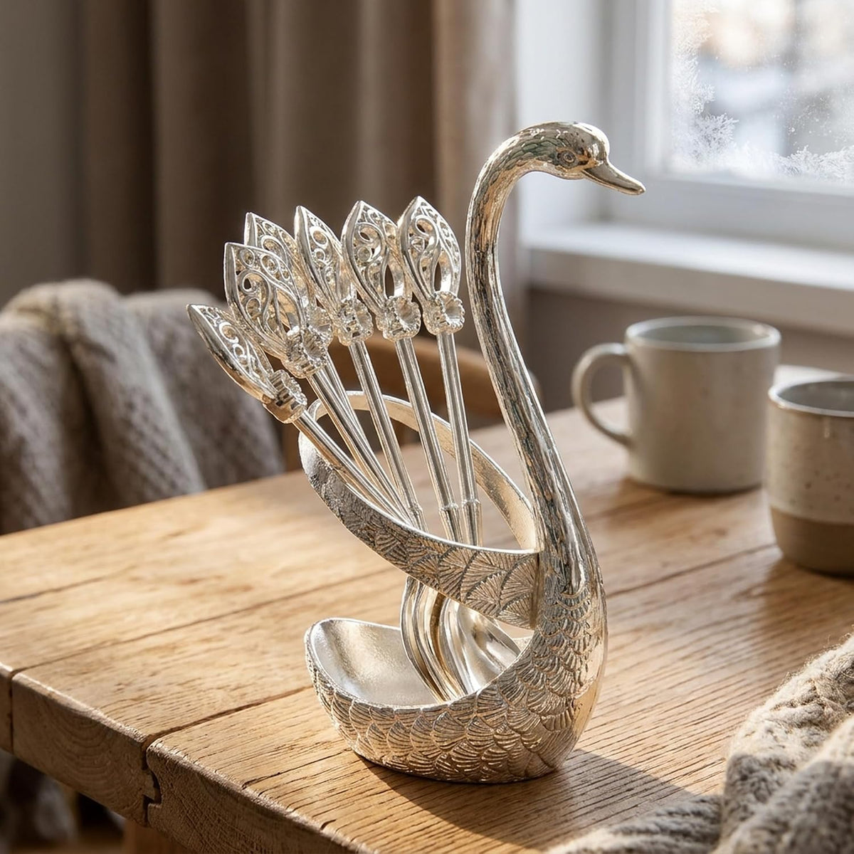 Swan Spoon Holder Set with 6 Small Dessert Spoons