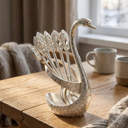 Swan Spoon Holder Set with 6 Small Dessert Spoons