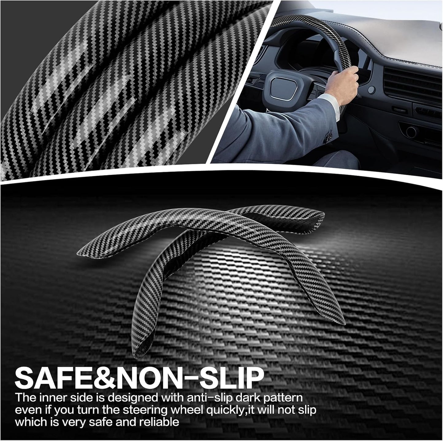 3Pcs Car Non-Slip Steering Wheel Protector, Universal 15 Inch, Carbon Fiber Design