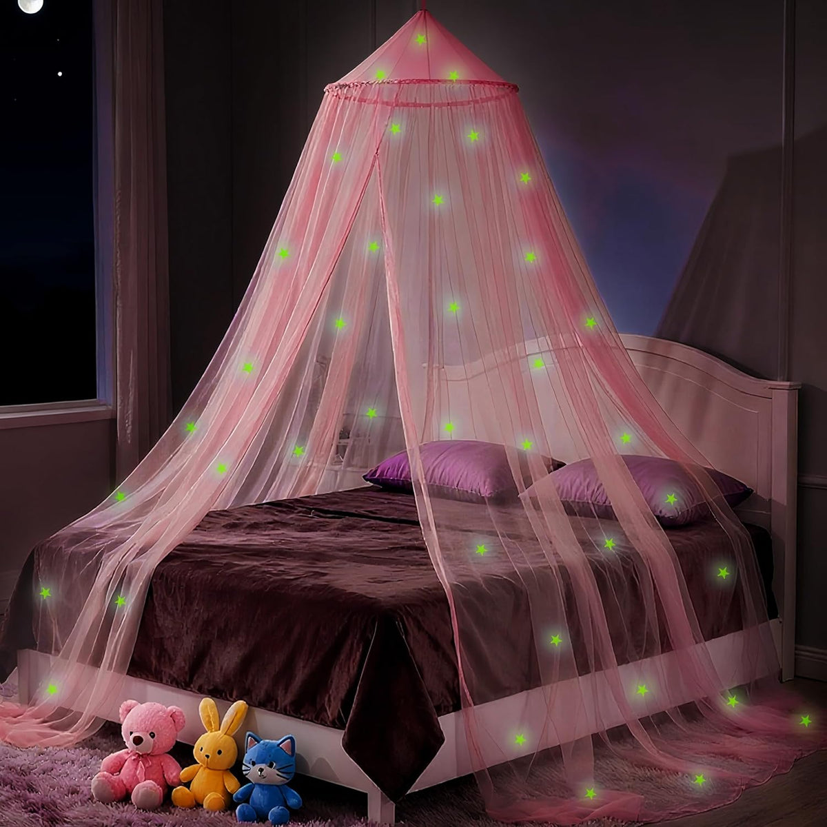 Pink Princess Bed Canopy for Girls with Glowing Stars