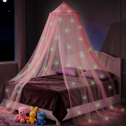 Pink Princess Bed Canopy for Girls with Glowing Stars
