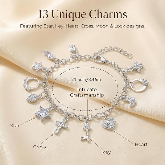 Elegant Heart Key Pendant Bracelet, 13 Small Pendants, Bohemian Style