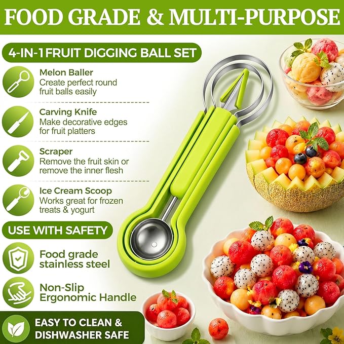 4 in 1 Melon Baller Scoop Set, Stainless Steel, Fruit Cutters Shapes