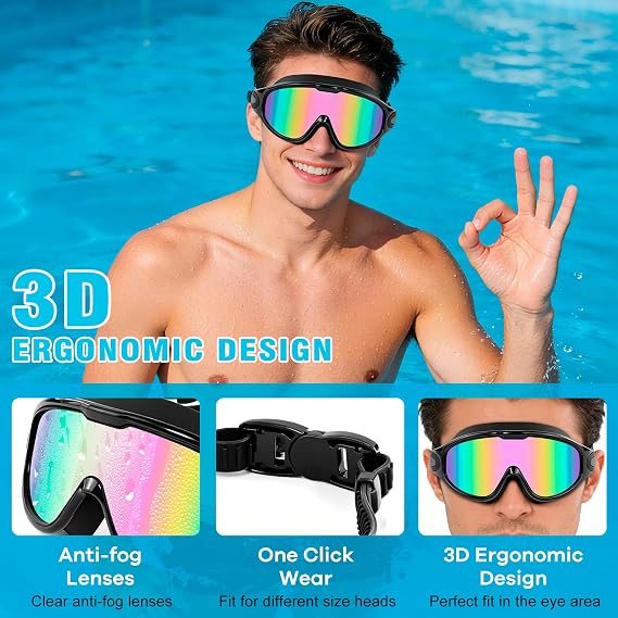 Large Swim Goggles, Wide View, Anti Fog | UV Protection & No Leak Design