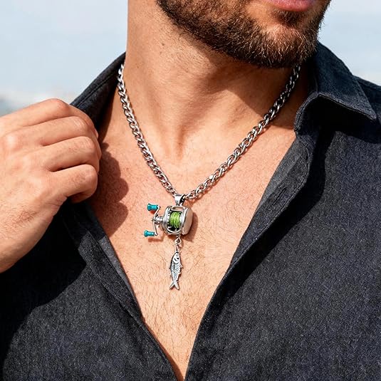 Fishing Reel Necklace, Necklace with Rotating Handle & Moving Line Guide, Interactive Angler Jewelry