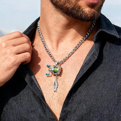 Fishing Reel Necklace, Necklace with Rotating Handle & Moving Line Guide, Interactive Angler Jewelry