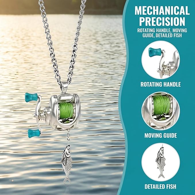 Fishing Reel Necklace, Necklace with Rotating Handle & Moving Line Guide, Interactive Angler Jewelry