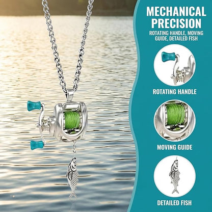 Fishing Reel Necklace, Necklace with Rotating Handle & Moving Line Guide, Interactive Angler Jewelry
