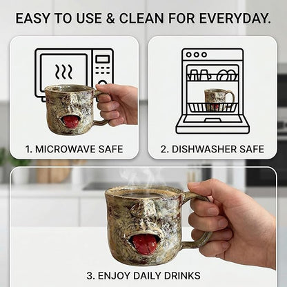 Handmade Face Shaped Ceramic Mug, Funny Tongue Out Coffee Cup with Artistic Sculptural Design