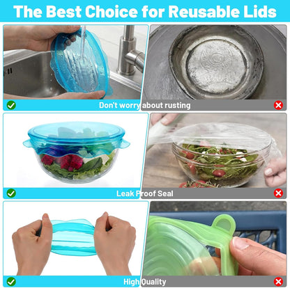 6PCS Silicone Stretch Lids for Food Storage, Reusable Elastic Silicone Lids