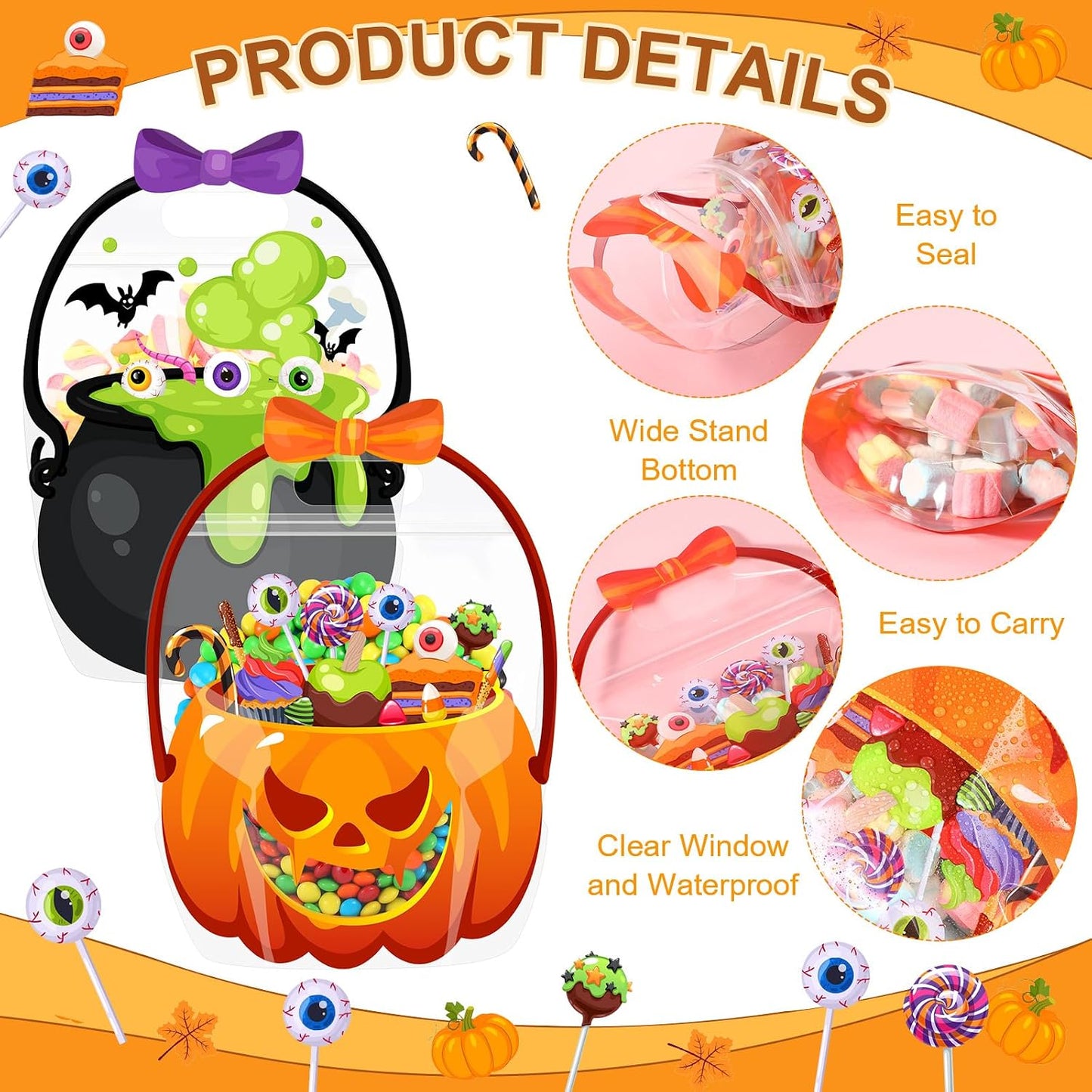 20Pcs Halloween Bags Plastic Pumpkin Clear Sealed Pouches with Handles Resealable Scary