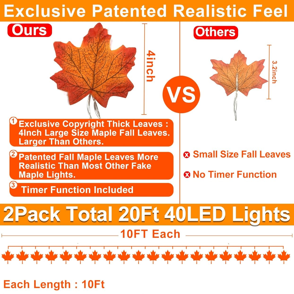 Fall Decor Enlarged Maples Leaves Lights Total 20Ft 40LED