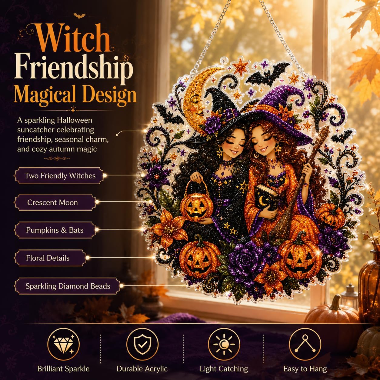 Halloween Witch Friendship Diamond Art Window Suncatcher - Halloween Pearl Art Kit