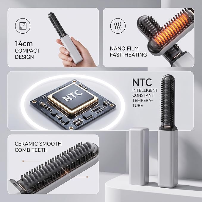 Mini Heated Styling Comb, USB-Powered Bang Curler, Heats up in 15 Seconds