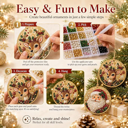 12Pcs Christmas Diamond Painting Ornaments , Wooden Hanging Pendant DIY Single-Side Rhinestone Craft Kit