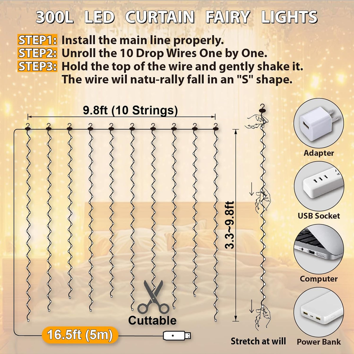 300 LED Curtain Lights, 9.8x9.8 Ft USB Powered with Remote Control