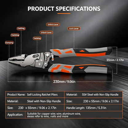 9″ Grip Pliers with Ratchet Self-Locking, 4-in-1 One Hand Tool